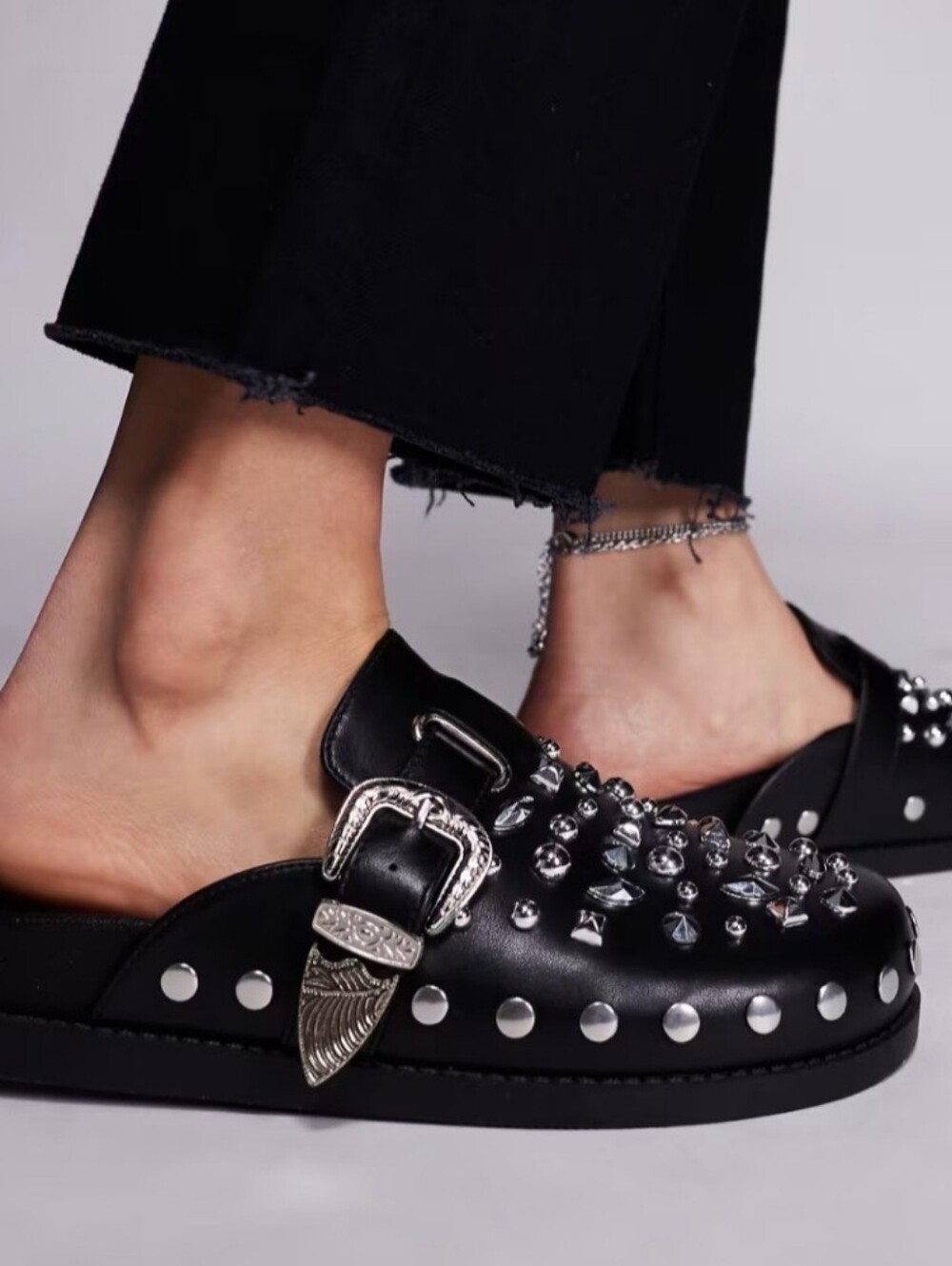 Women's Black Studded Buckle Clog Mule